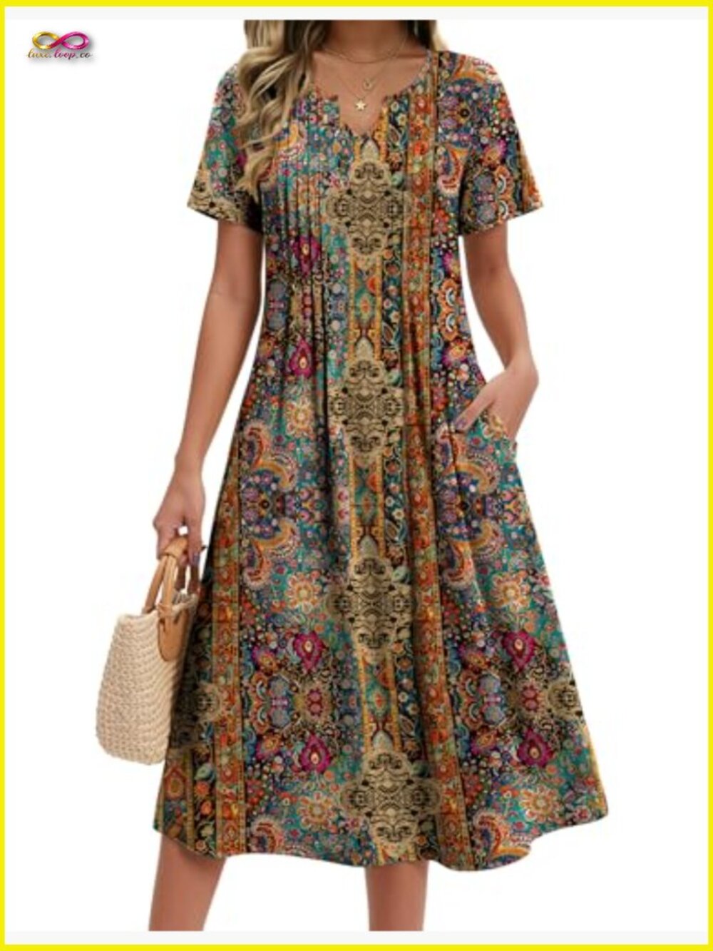 Casual Short Sleeve A-Line Midi Dress With Pockets Flowy Pleated T-Shirt Dress - Picture 2 of 7